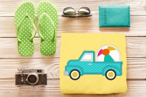 Vintage Truck with Beach Ball Applique: A Festive Embroidery Design for Craft Fairs